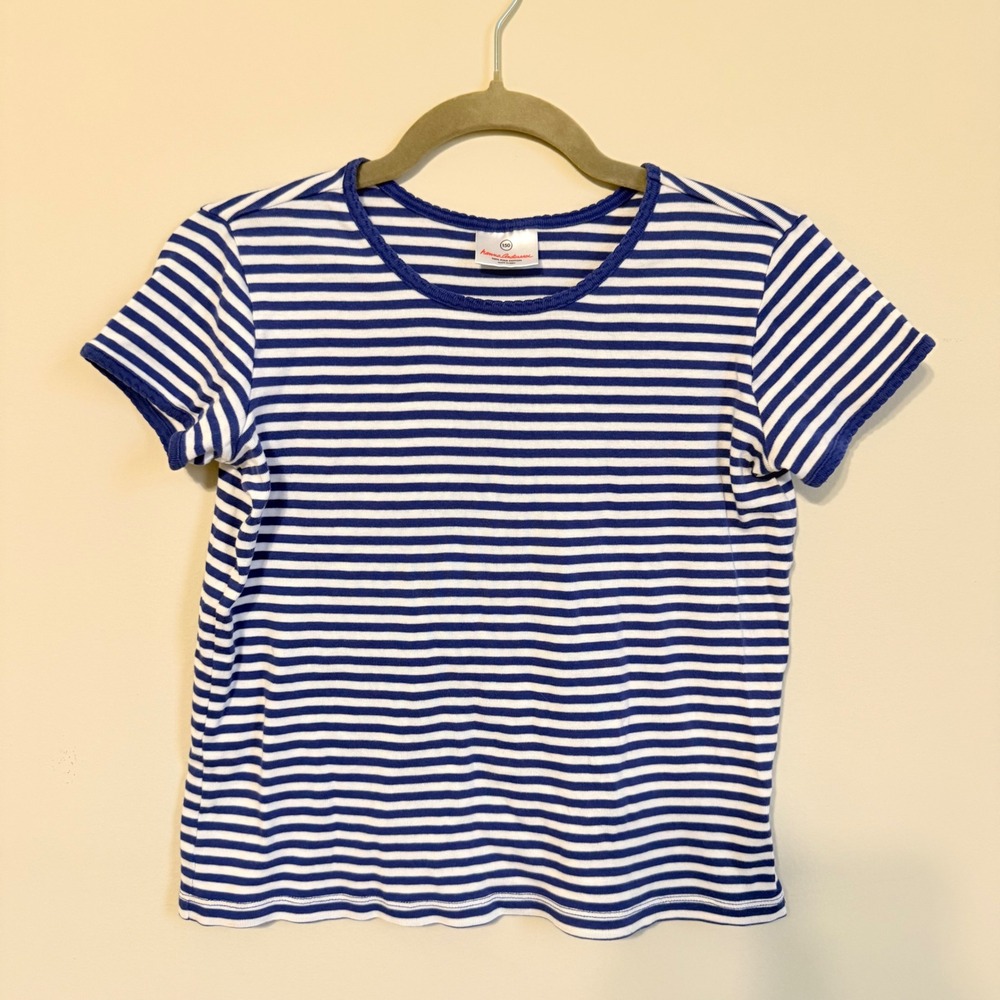Hanna Andersson Women Blue White Striped Pima Cotton Picot Trim Shirt Size Small